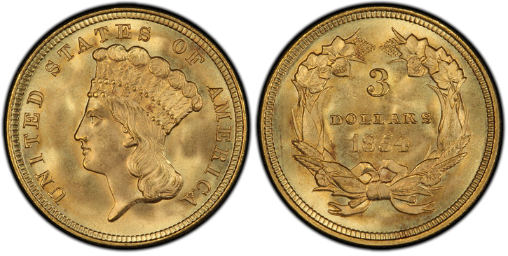 1854 Three-Dollar Gold Piece. MS-67+ (PCGS).